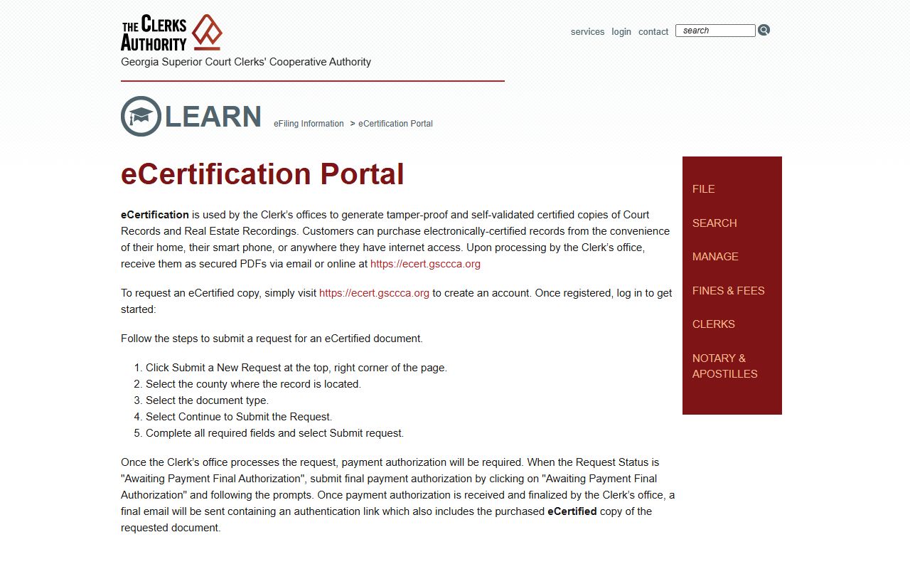 Elbert County Clerk of Court GSCCCA eCertification court records instructions