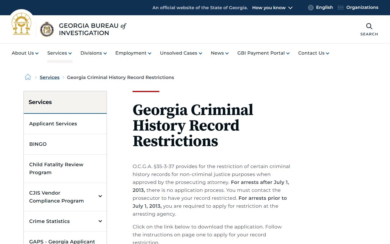 Elbert County criminal court records GBI record restriction page