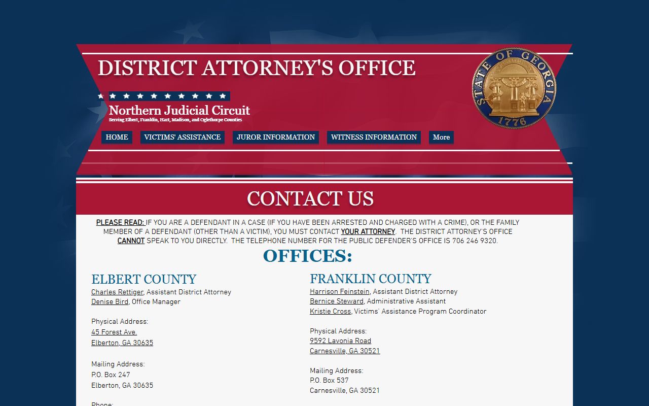 Elbert County criminal court records Northern Judicial Circuit District Attorney contacts