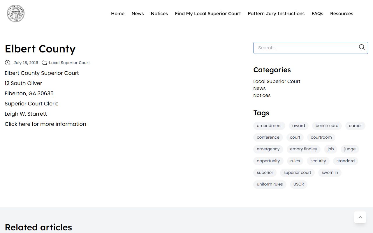 Elbert County Superior Court record information for Superior Court lookup